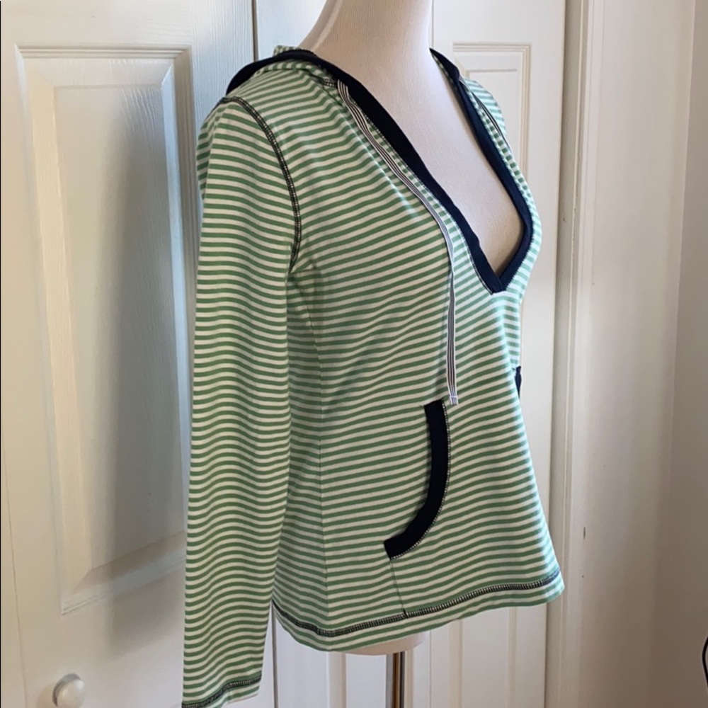 Striped V-Neck Hoodie Top - Light Green - Picture 5 of 7
